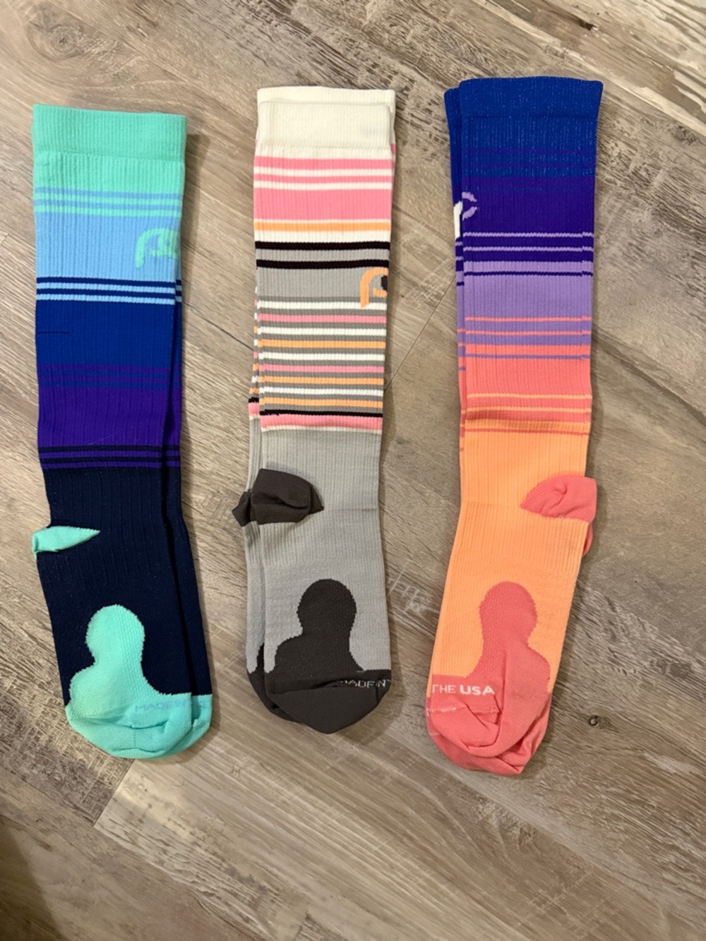 Striped Gradient Athletic Crew Socks - Blue, Gray, Coral
